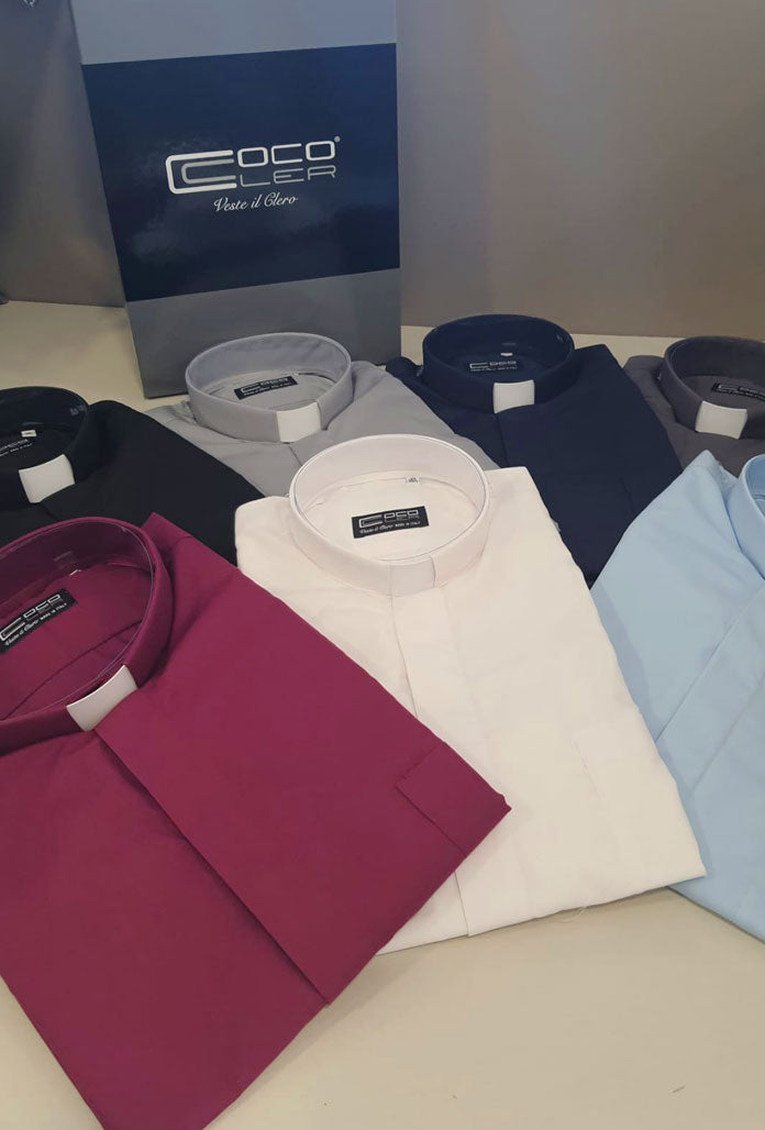 Camicia nera, manica lunga, misto cotone, collo clergy