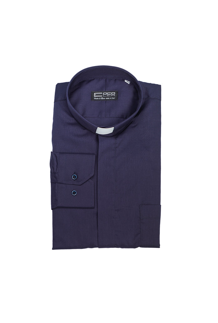 Camicia blu, manica lunga, misto cotone, collo clergy