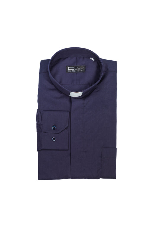 Camicia blu, manica lunga, misto cotone, collo clergy
