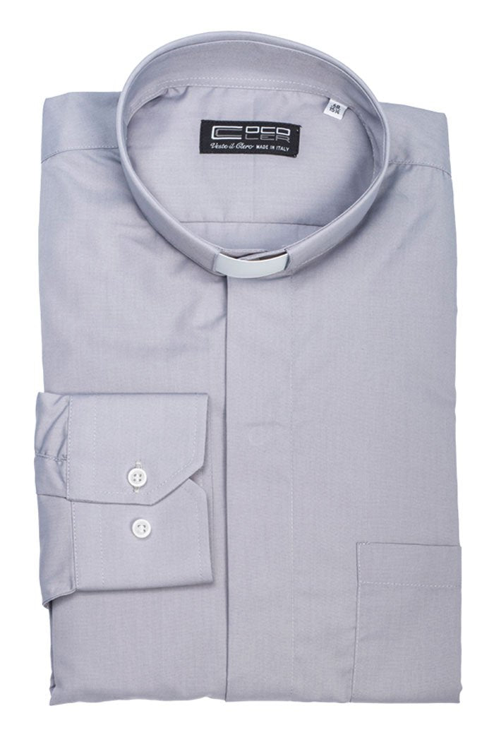 Camicia grigio chiaro, manica lunga, misto cotone, collo clergy