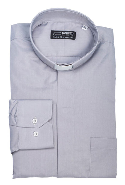Camicia grigio chiaro, manica lunga, misto cotone, collo clergy