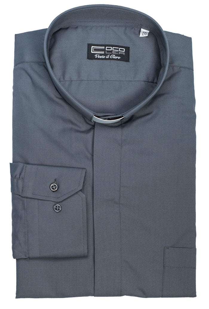 Camicia grigio scuro, manica lunga, misto cotone, collo clergy