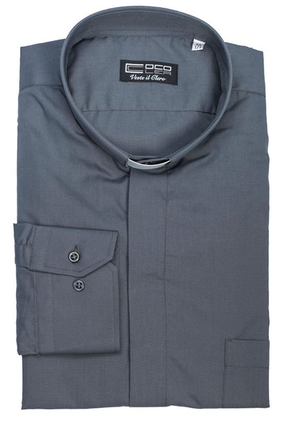 Camicia grigio scuro, manica lunga, misto cotone, collo clergy