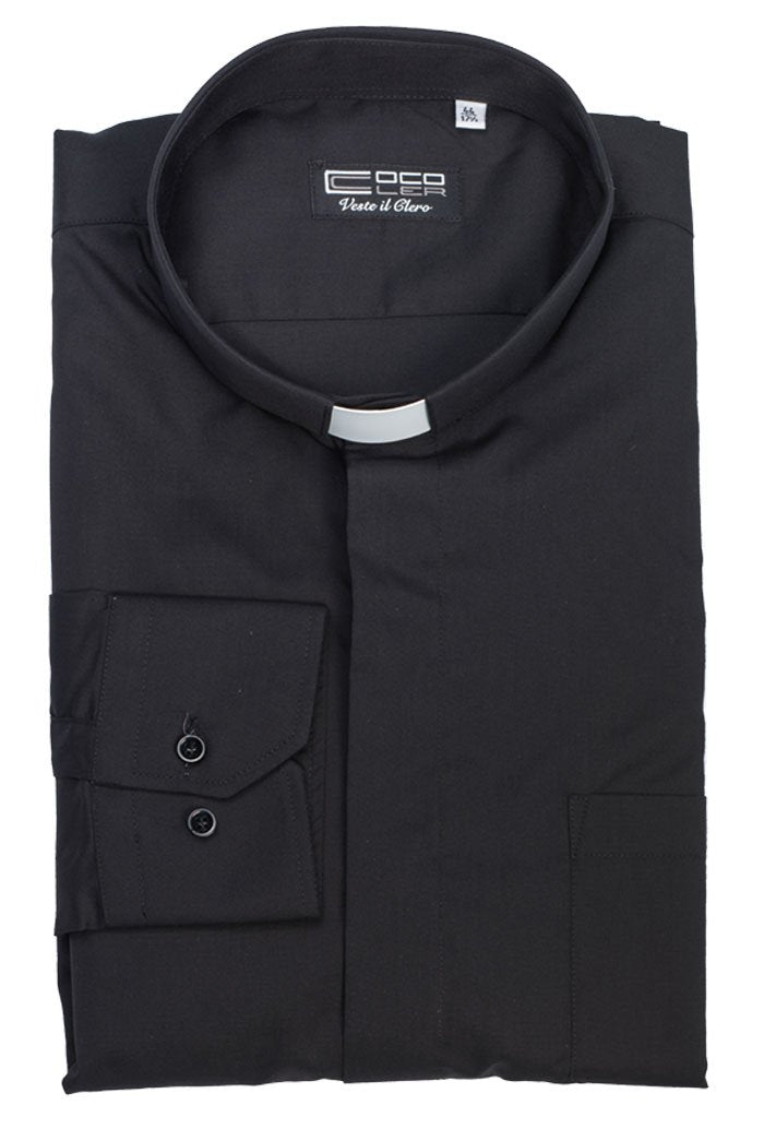 Camicia nera, manica lunga, misto cotone, collo clergy