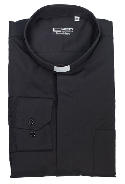 Camicia nera, manica lunga, misto cotone, collo clergy