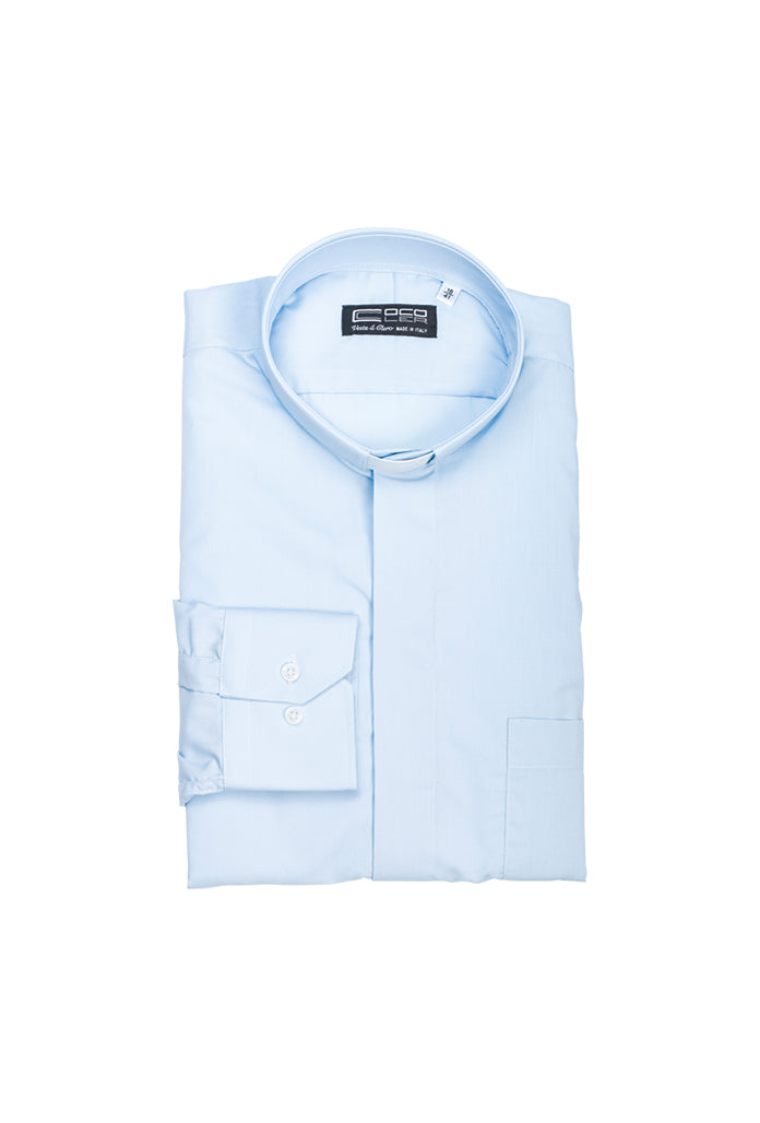 Camicia manica lunga, Tinta Unita celeste, misto cotone, collo clergy.