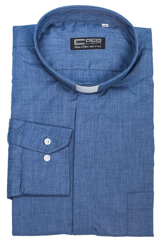 Camicia jeans, manica lunga, misto cotone, collo clergy