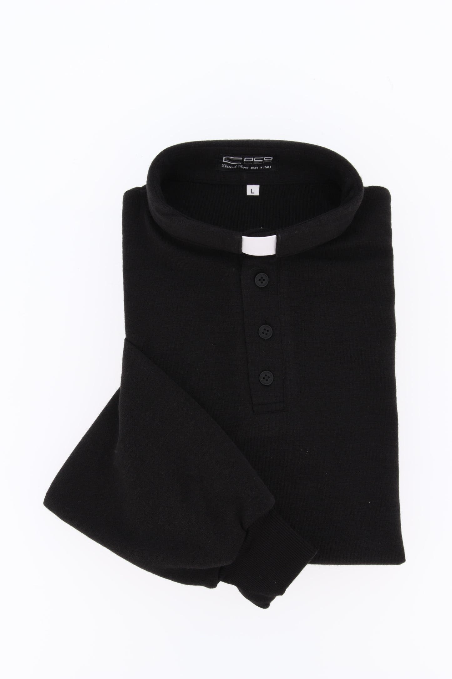 Maglia polo invernale nero, misto poliestere e lana, con polsini