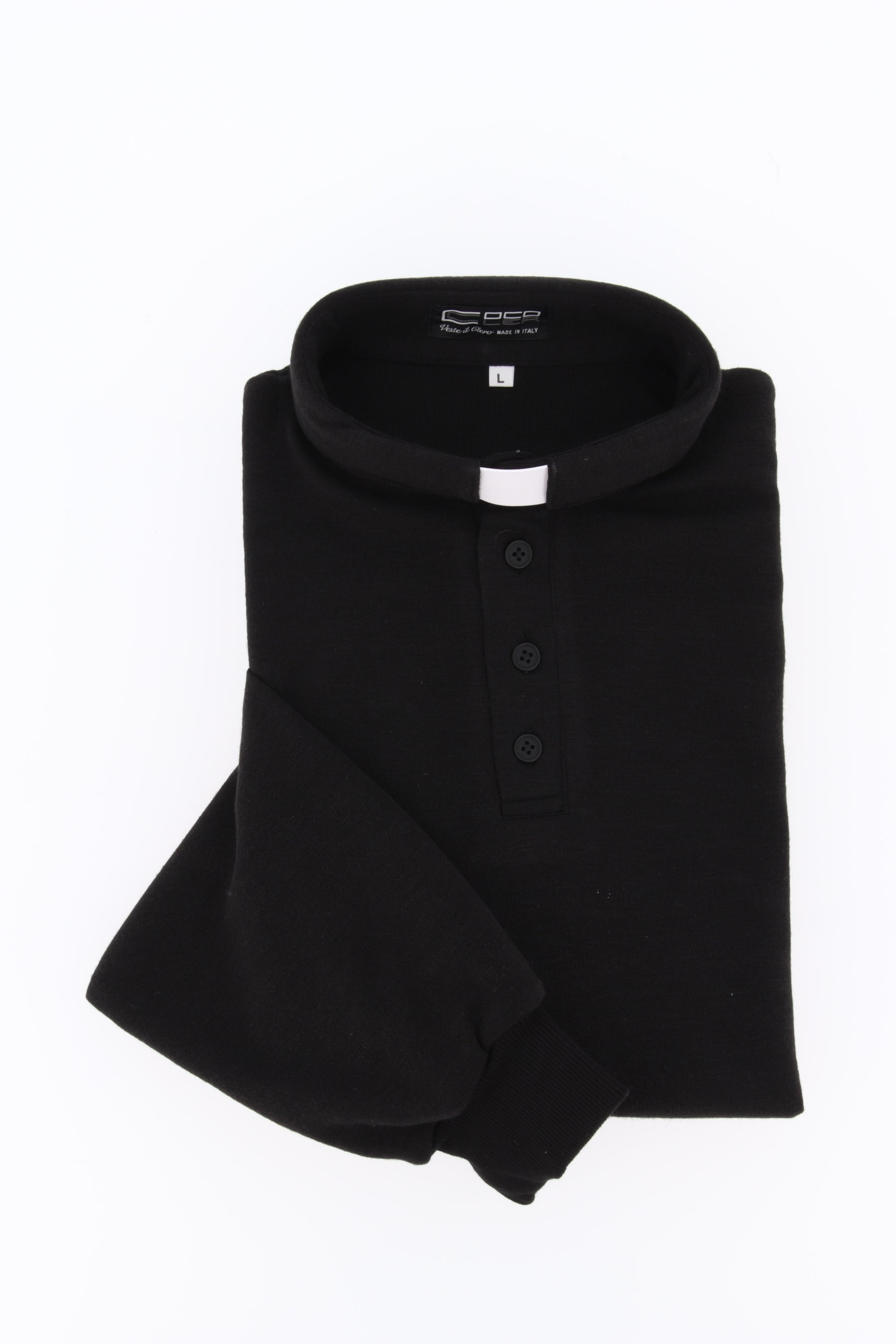Maglia polo invernale nero, misto poliestere e lana, con polsini