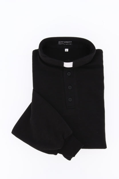 Maglia polo invernale nero, misto poliestere e lana, con polsini
