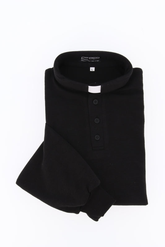 Maglia polo invernale nero, misto poliestere e lana, con polsini