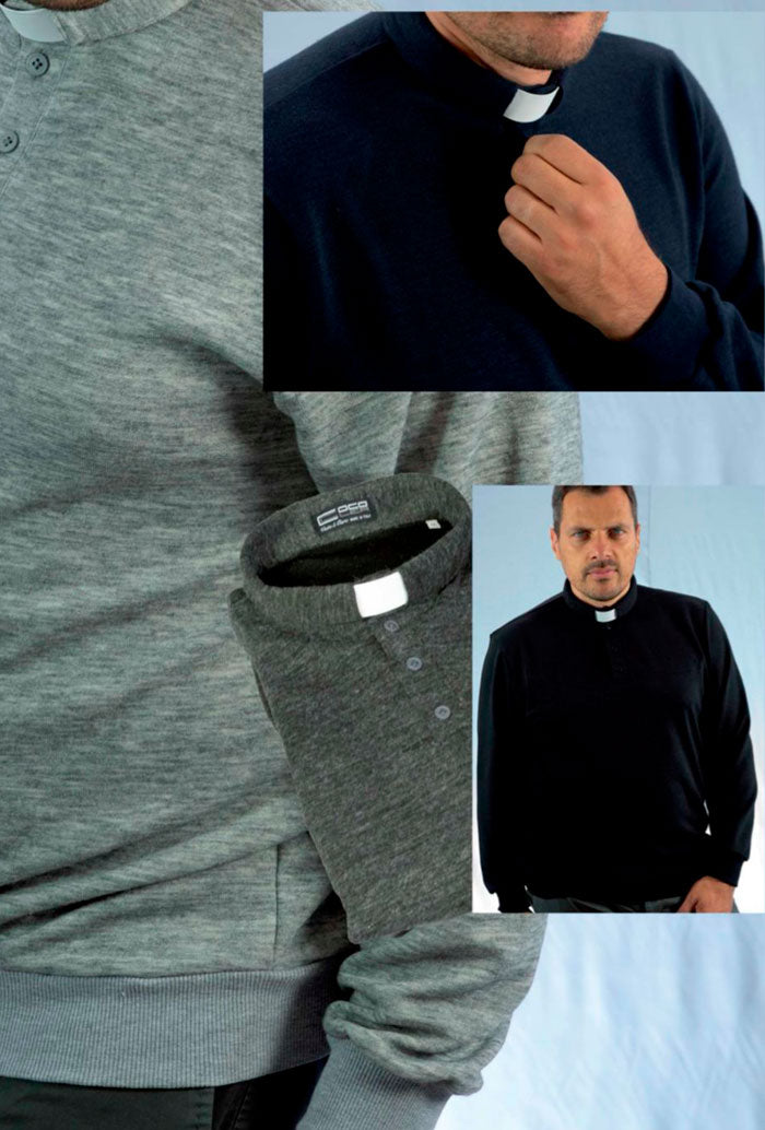 Maglia polo invernale grigio scuro, misto poliestere e lana, con polsini