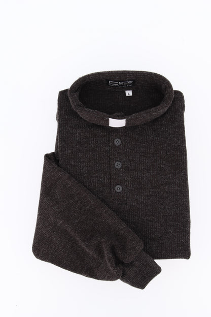Maglia polo invernale grigio scuro, misto poliestere e lana, con polsini