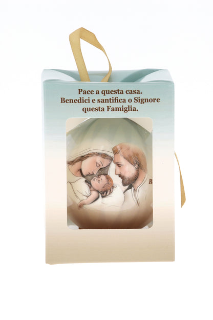Pallina natalizia con Sacra Famiglia e preghiera. Diametro 7,5 cm