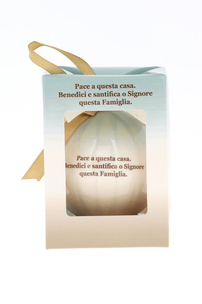 Pallina natalizia con Sacra Famiglia e preghiera. Diametro 7,5 cm