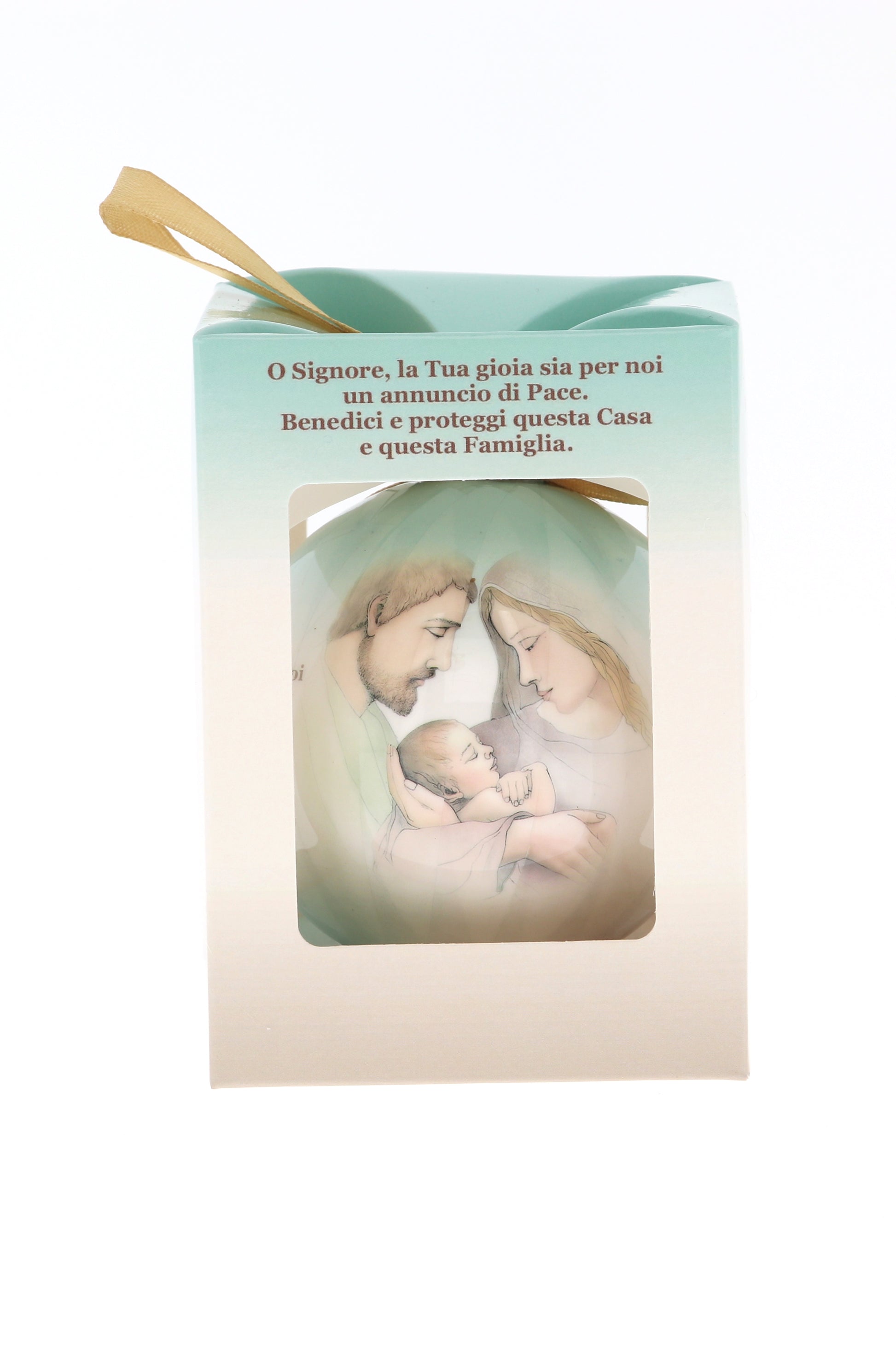Pallina natalizia con Sacra Famiglia e preghiera. Diametro 7,5 cm