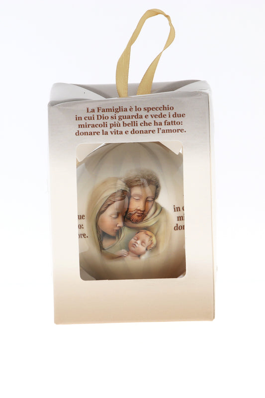 Pallina natalizia con Sacra Famiglia e preghiera. Diametro 7,5 cm