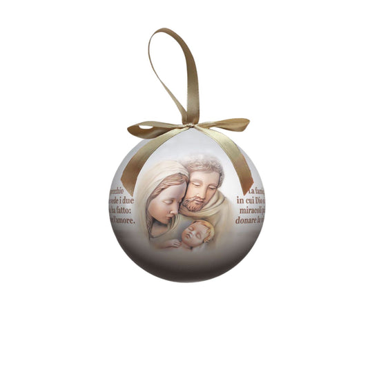 Pallina natalizia con Sacra Famiglia e preghiera. Diametro 7,5 cm