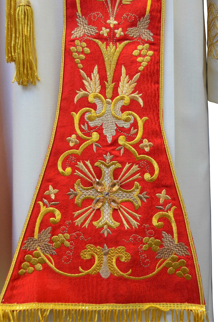Stola romana seta/moirè, ricamo ornato oro, punto luce croce