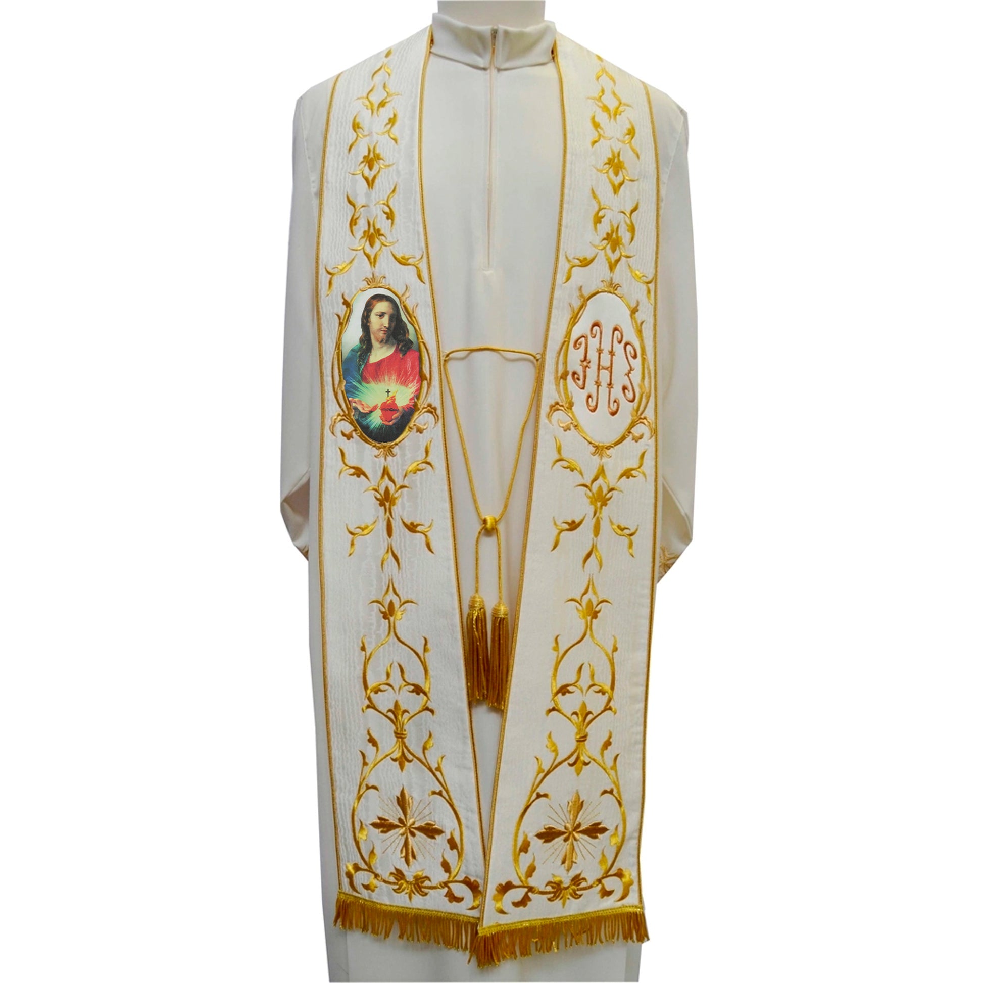 Stola romana seta/moirè, ricamo ornato oro, immagine Sacro Cuore di Gesù - Ihs