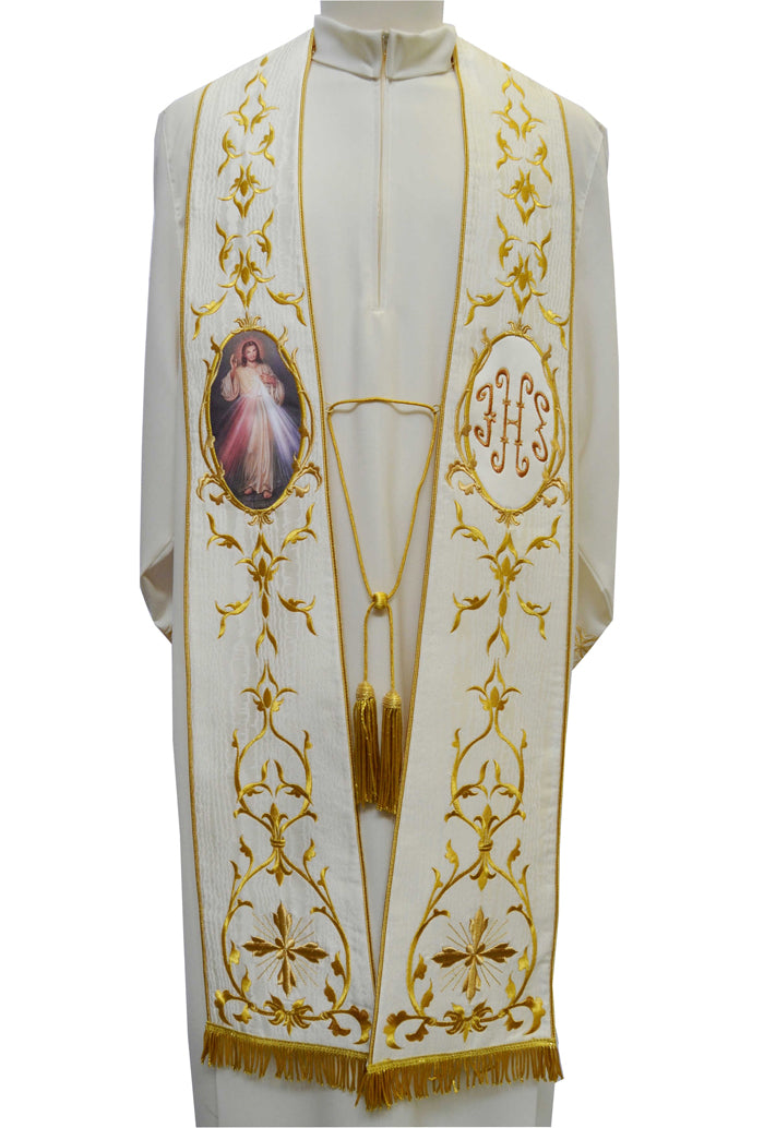 Stola romana seta/moirè, ricamo ornato oro, immagine Sacro Cuore di Gesù - Ihs