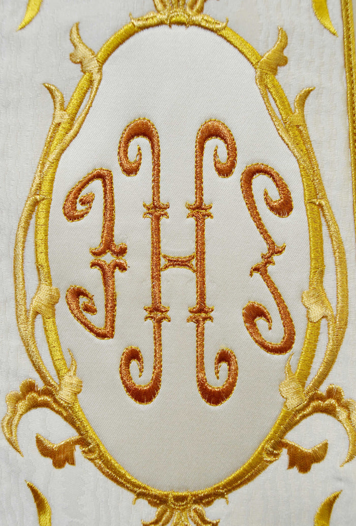 Stola romana seta/moirè, ricamo ornato oro, immagine Sacro Cuore di Gesù - Ihs