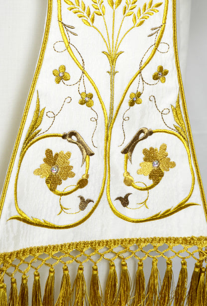 Stola romana seta/moirè, ricamo ornato floreale oro croce