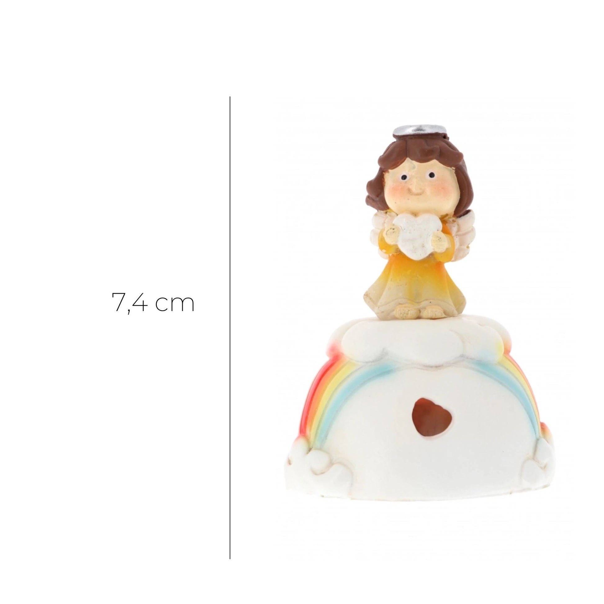 Angioletto su nuvola e arcobaleno in resina con luce. Altezza 7,4 cm