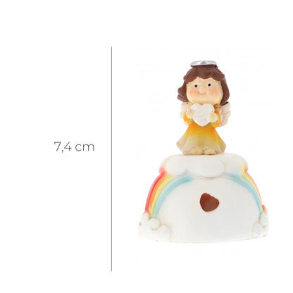 Angioletto su nuvola e arcobaleno in resina con luce. Altezza 7,4 cm