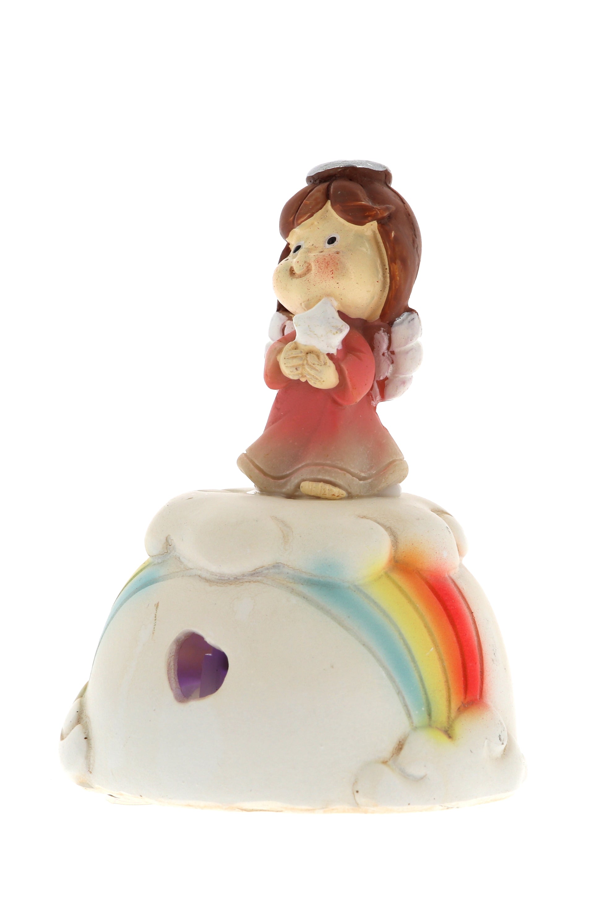 Angioletto su nuvola e arcobaleno in resina con luce. Altezza 7,4 cm