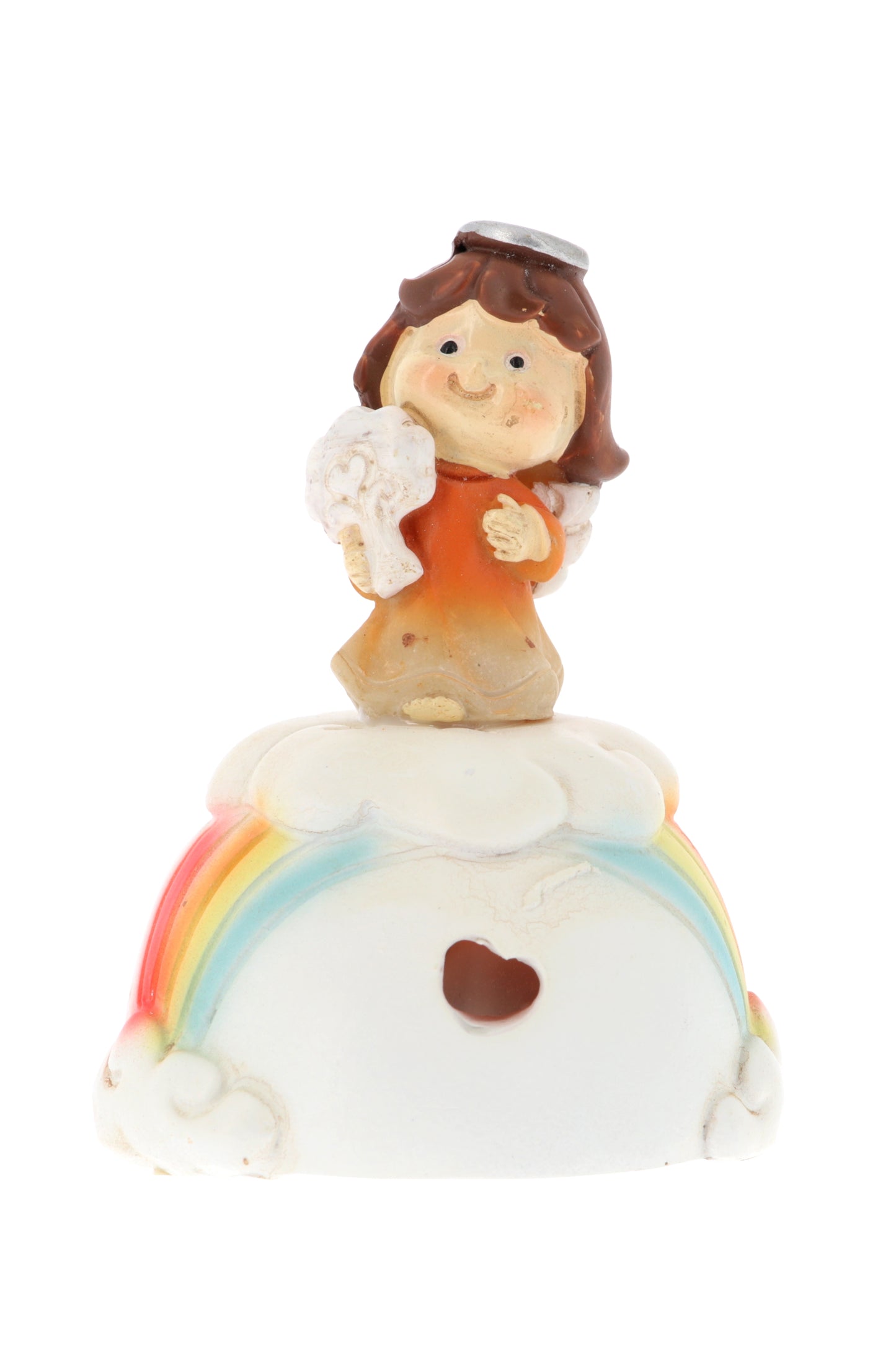 Angioletto su nuvola e arcobaleno in resina con luce. Altezza 7,4 cm