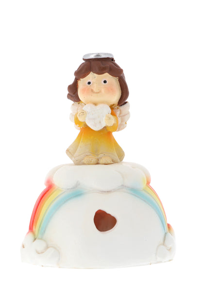 Angioletto su nuvola e arcobaleno in resina con luce. Altezza 7,4 cm