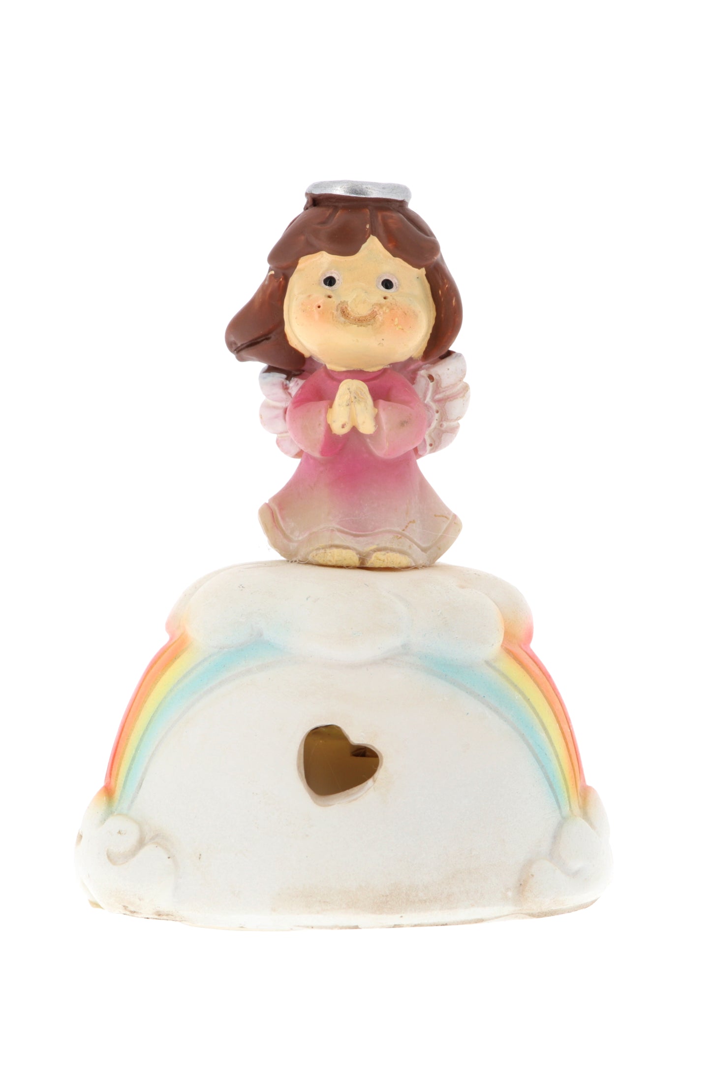 Angioletto su nuvola e arcobaleno in resina con luce. Altezza 7,4 cm