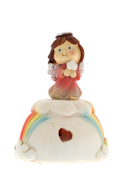 Angioletto su nuvola e arcobaleno in resina con luce. Altezza 7,4 cm