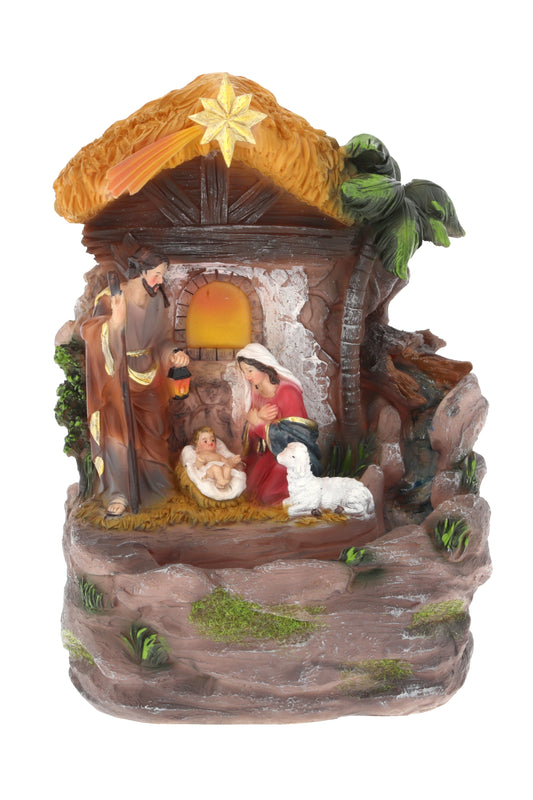 Capanna Natività in resina, con fontana vera e luce. Altezza 27 cm