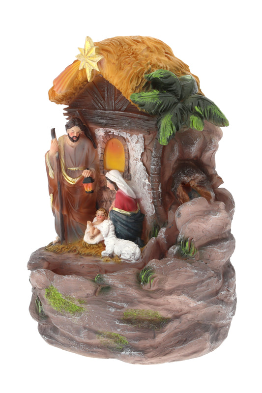 Capanna Natività in resina, con fontana vera e luce. Altezza 27 cm