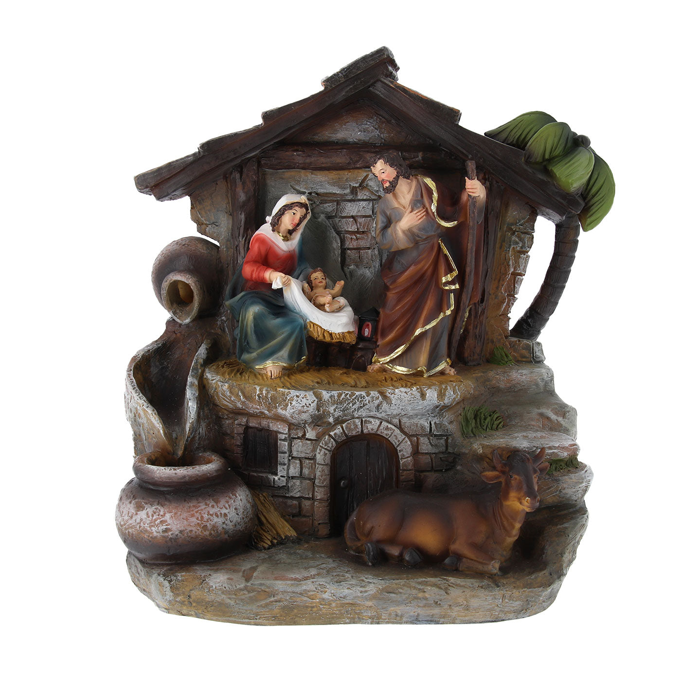 Capanna Natività in resina, con fontana vera e luce. Altezza 32 cm