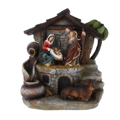 Capanna Natività in resina, con fontana vera e luce. Altezza 32 cm