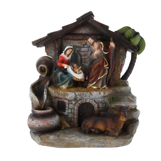 Capanna Natività in resina, con fontana vera e luce. Altezza 32 cm