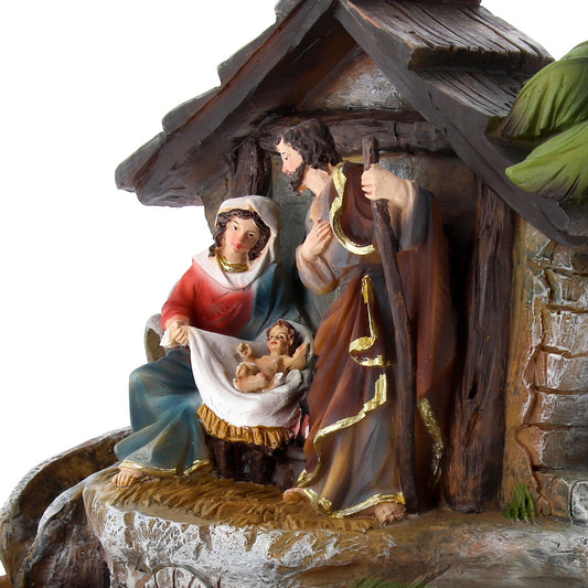 Capanna Natività in resina, con fontana vera e luce. Altezza 32 cm