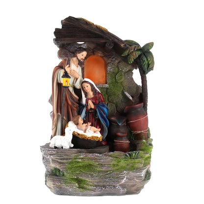 Capanna Natività in resina, con fontana vera e luce. Altezza 49 cm