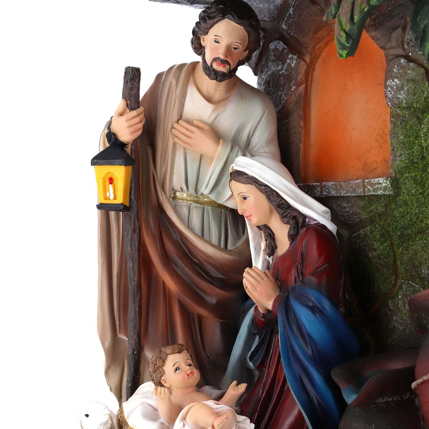 Capanna Natività in resina, con fontana vera e luce. Altezza 49 cm