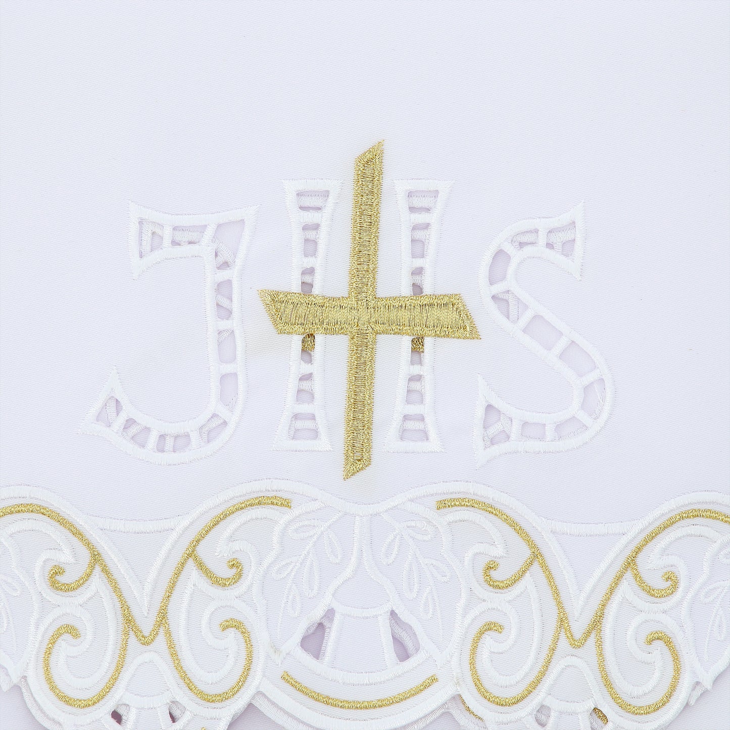 Tovaglia da altare con ricamo JHS e Croce dorata. Dimensione 165x300 cm