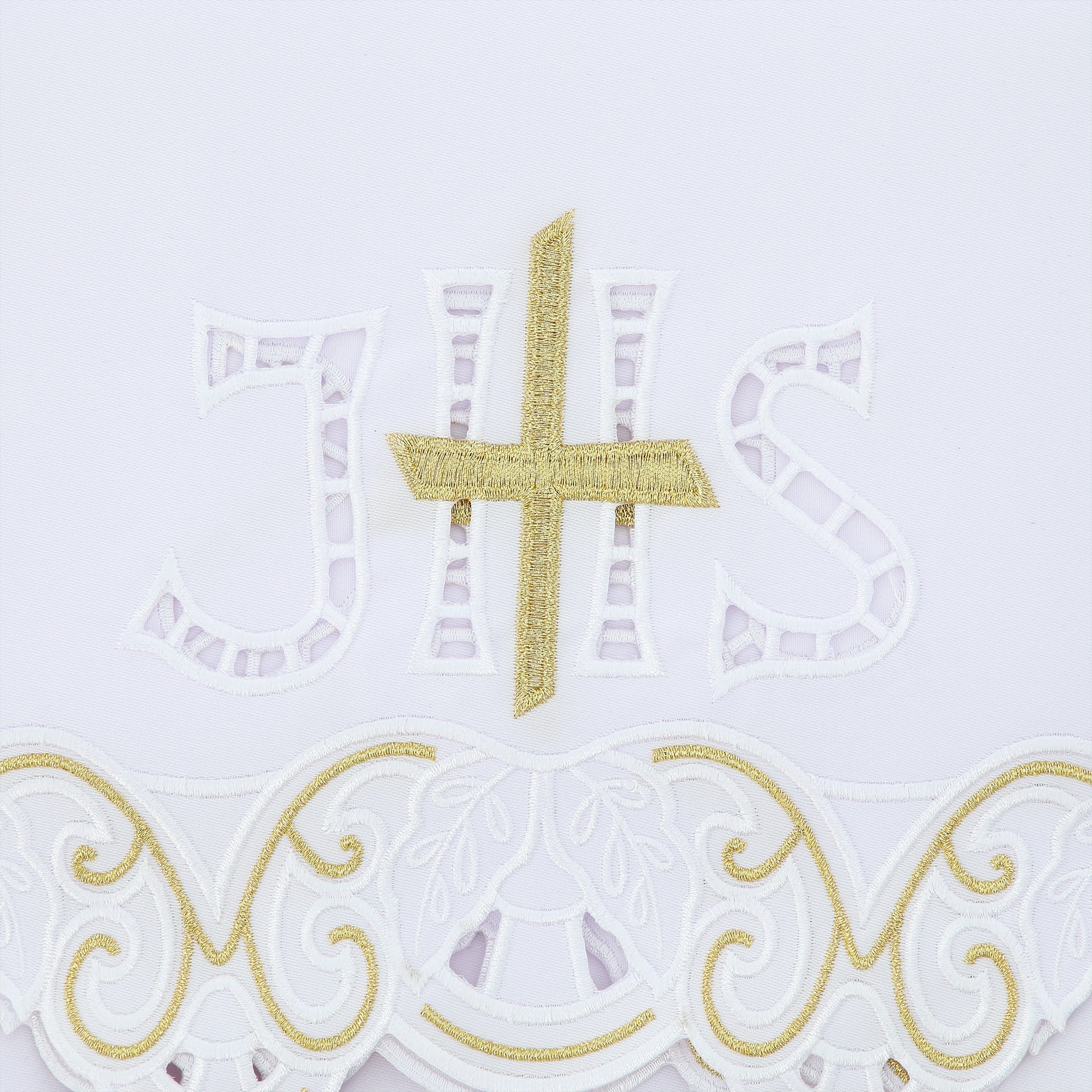 Tovaglia da altare con ricamo JHS e Croce dorata. Dimensione 165x300 cm