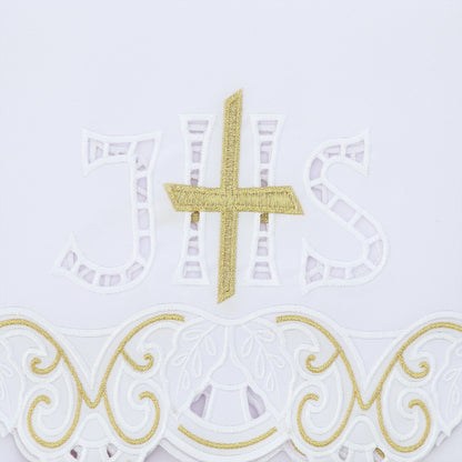 Tovaglia da altare con ricamo JHS e Croce dorata. Dimensione 165x300 cm