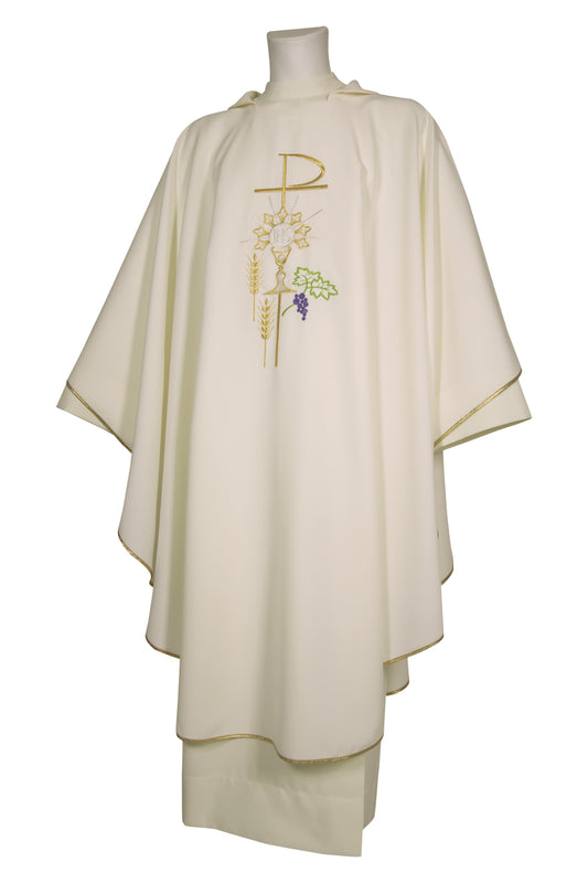 Casula in poliestere con ricamo Pax, calice e spighe