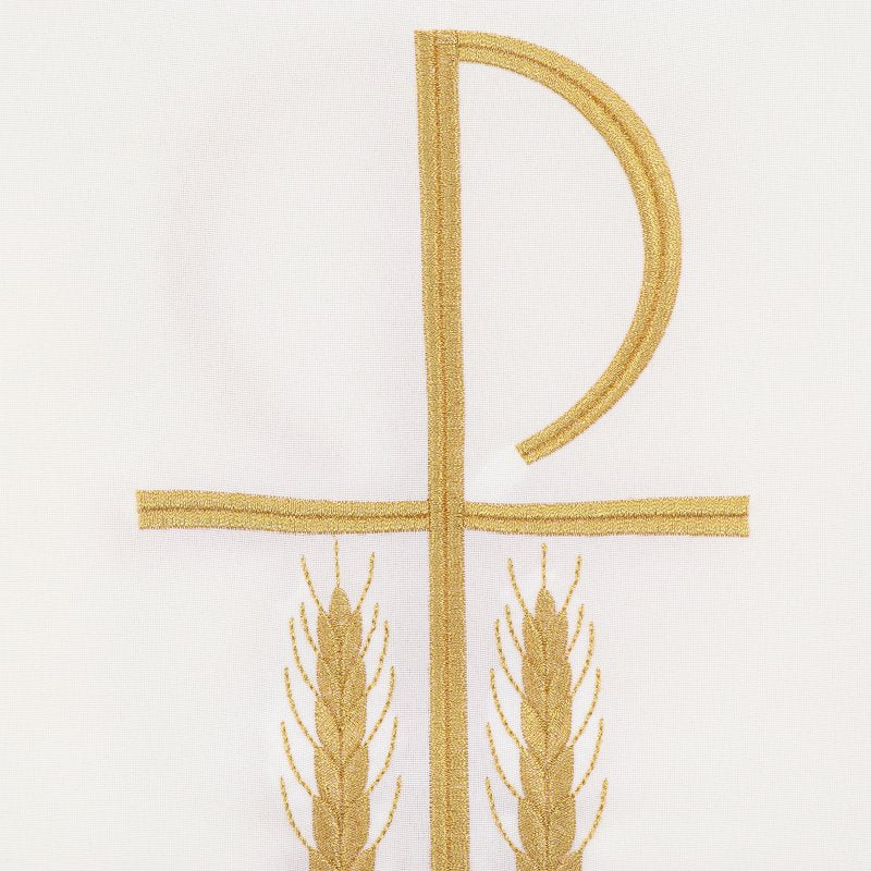 Casula in poliestere con ricamo Pax, pesci e spighe