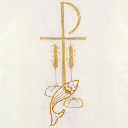 Casula in poliestere con ricamo Pax, pesci e spighe