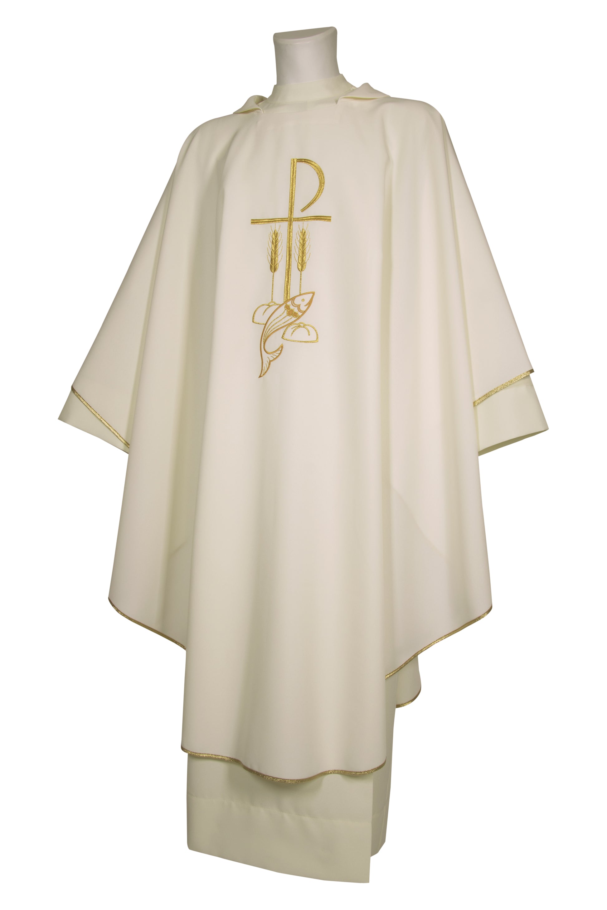 Casula in poliestere con ricamo Pax, pesci e spighe