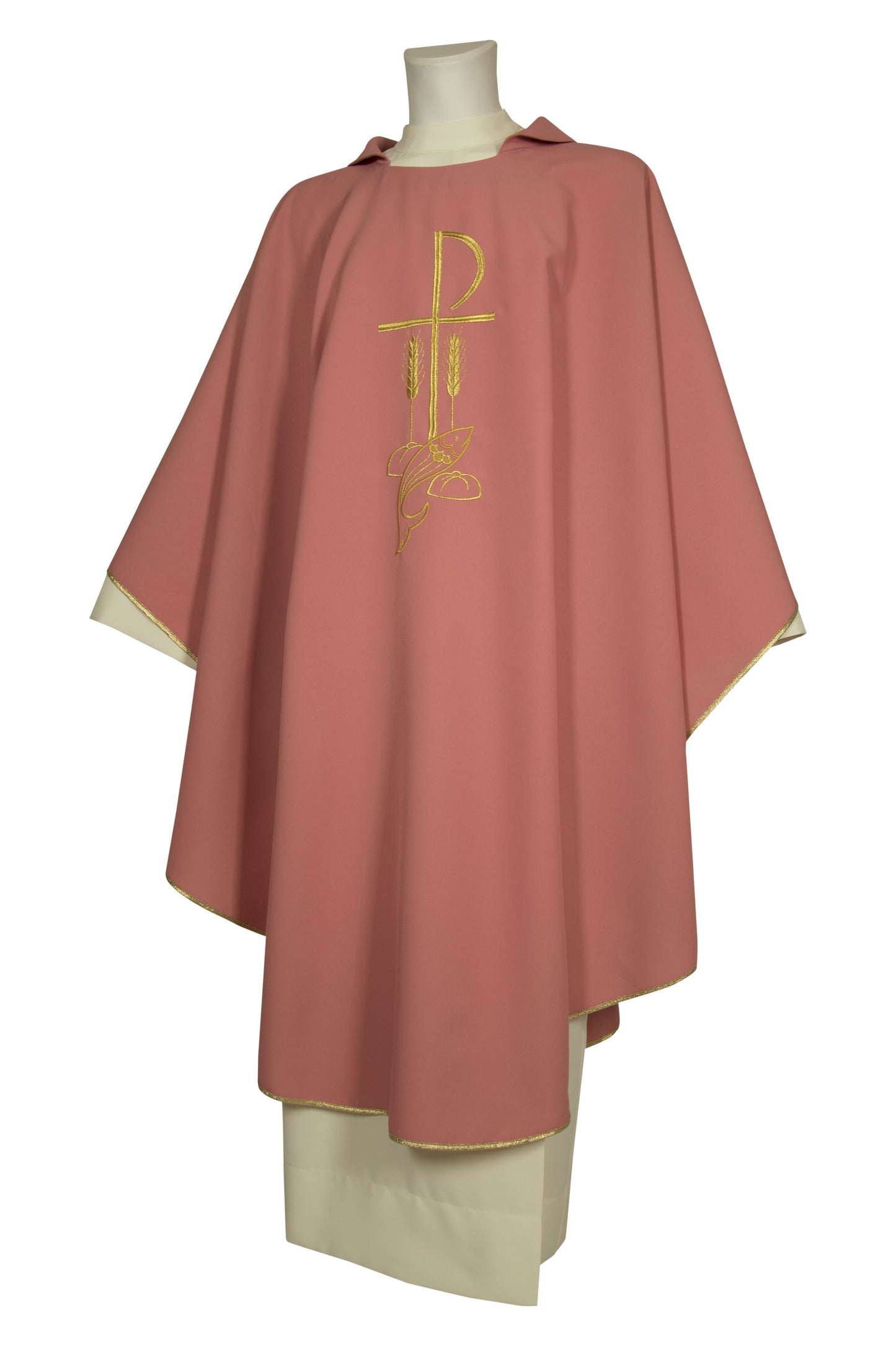 Casula in poliestere con ricamo Pax, pesci e spighe